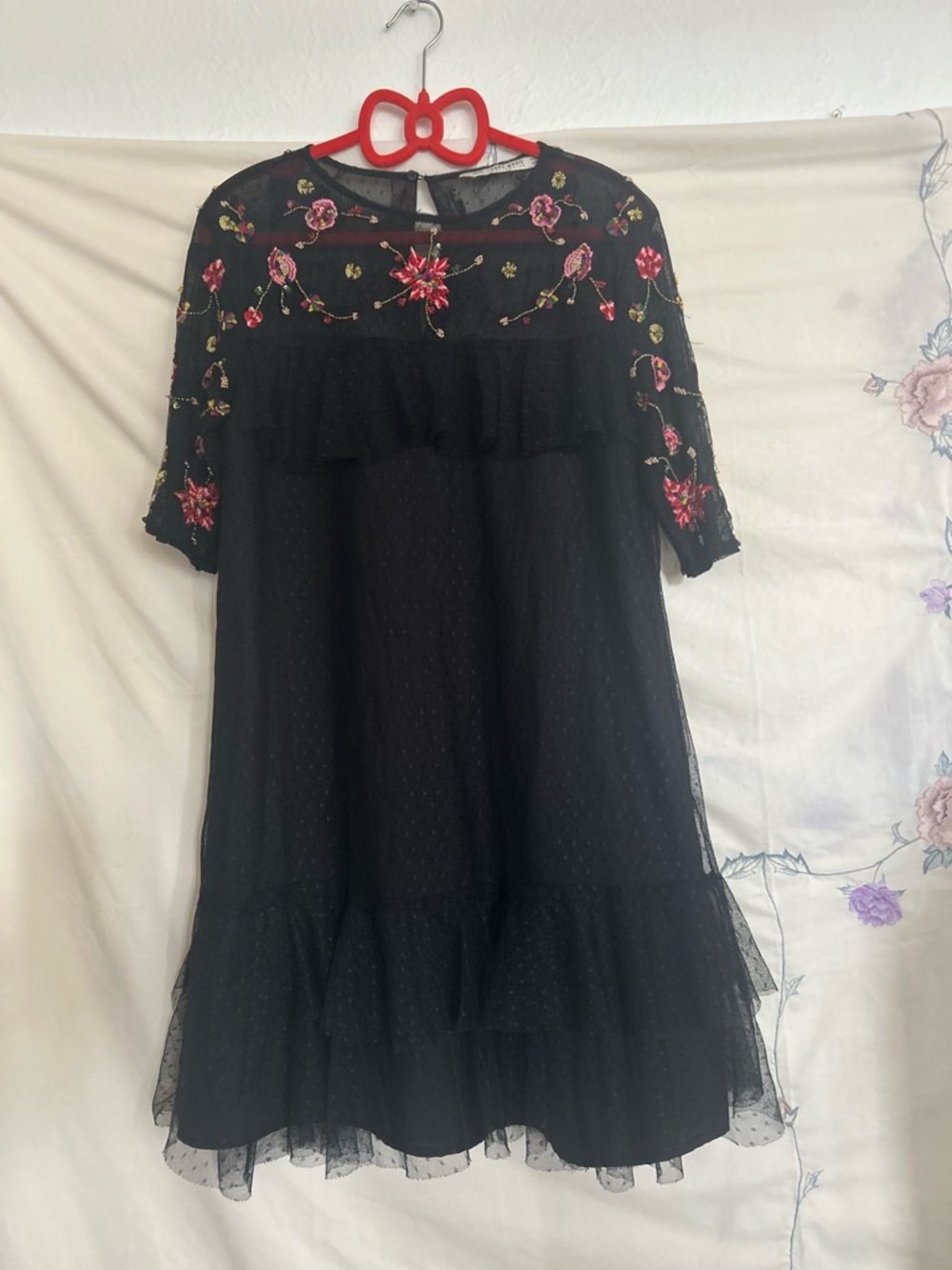 Zara Black Mini Dress with Pink & Green Floral Embroidery XS